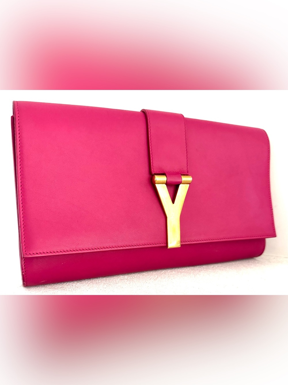 SAINT LAURENT Paris ChYc Y Ligne Fuchsia Pink Leather Clutch Authenticated COA - Picture 2 of 10